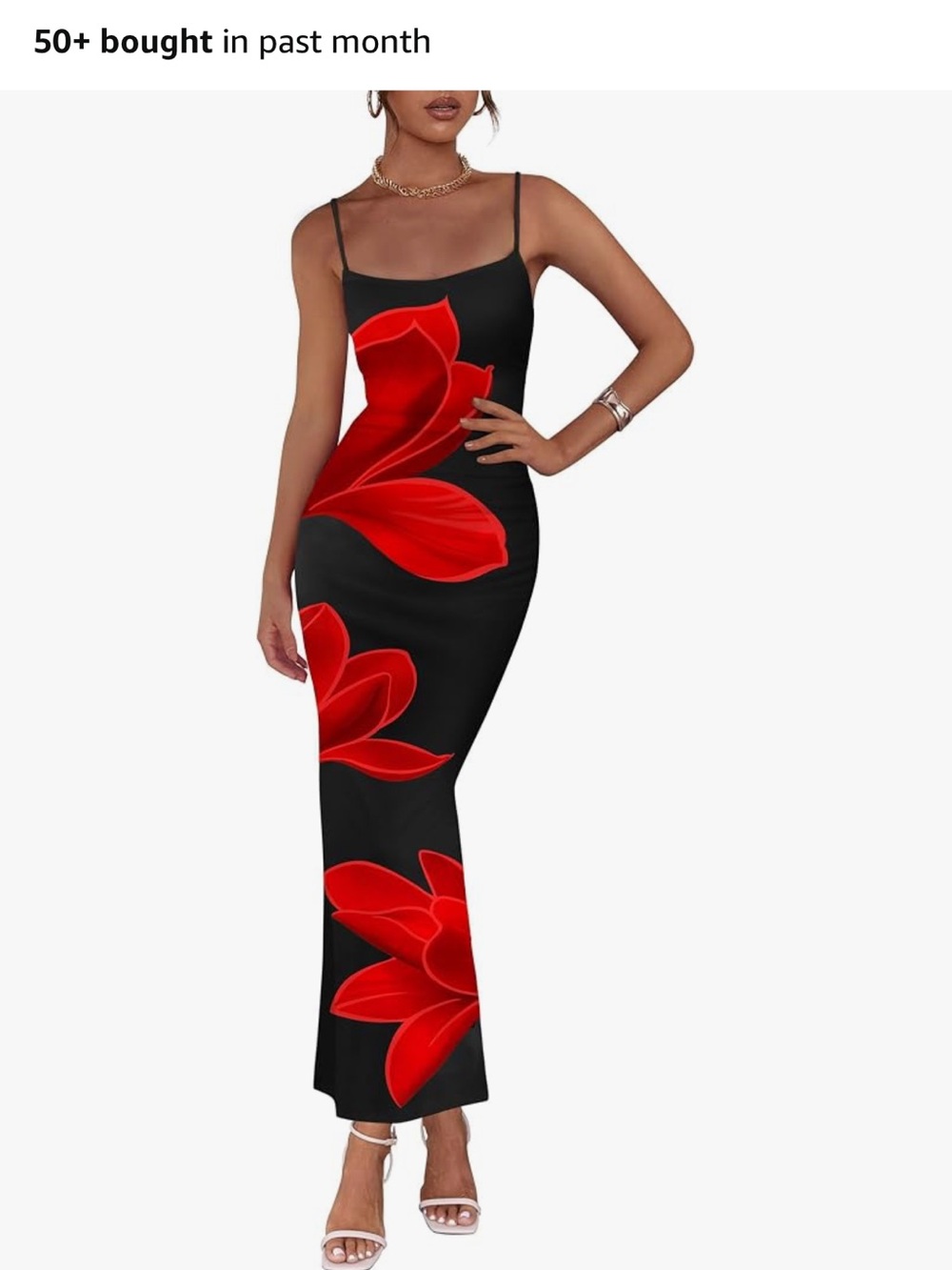 Black Maxi Dress with Bold Red Floral Print - Spaghetti Strap